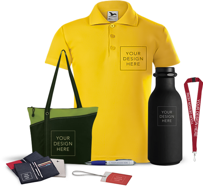 Two card holders, a bag, a yellow t-shirt, a bottle, a pen, a tag, an identification card strap