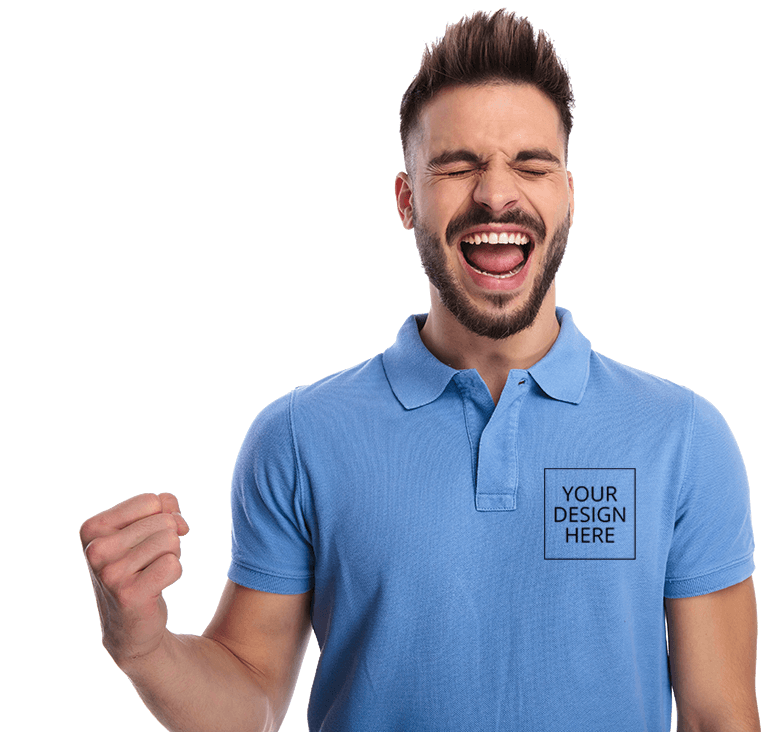 A man in blue shirt with arms raised and mouth open.