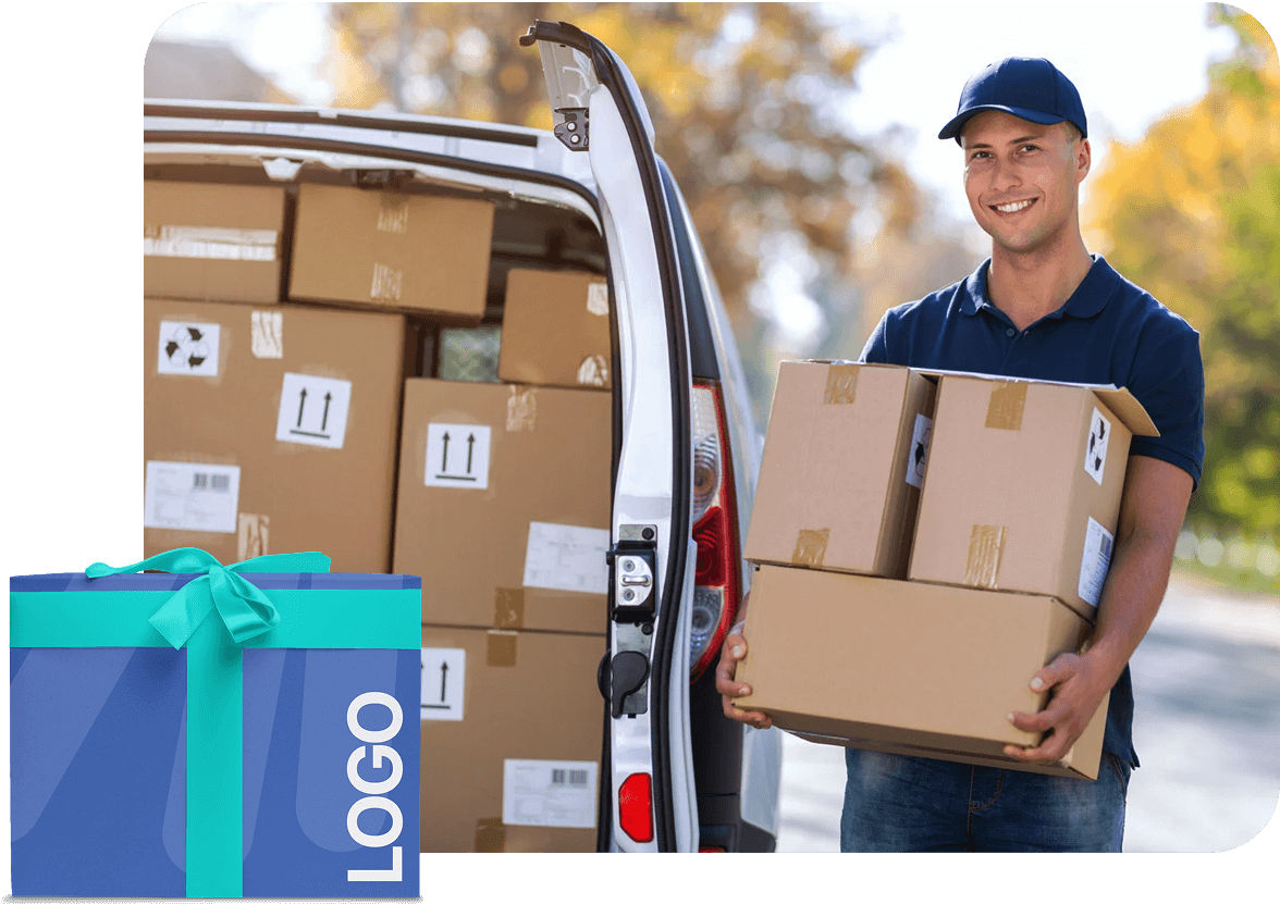 Delivery man unloading packages from a van with a smile.